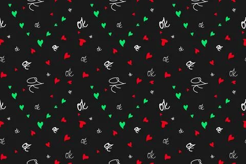 OK sign seamless pattern. Hand drawn white chalk line lettering, heart shapes in Stock Illustration