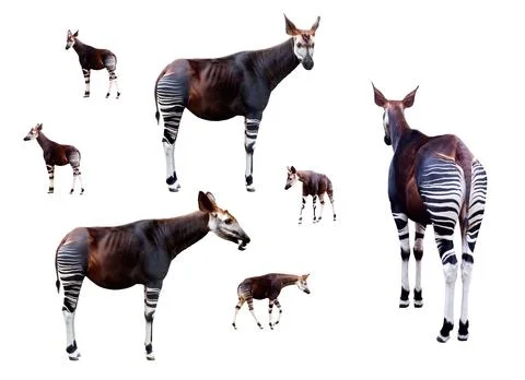 Okapi set isolated on white background with clipping path, forest giraffe Stock Photos