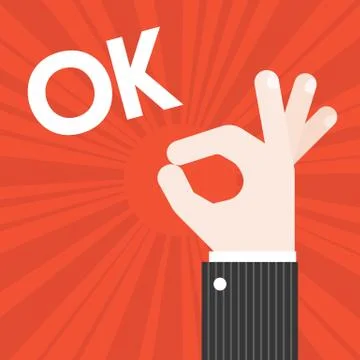 Okay Hand sign vector with sun burst background and text OK Illustrazione stock