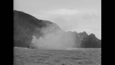 OKINAWA - 1945 - A rocket barrage exploding on the beach. An LCI sails past as 動画素材 312747468