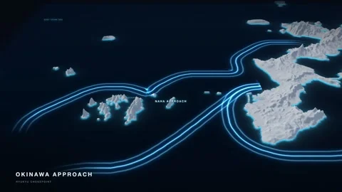 Okinawa Approach 3D White Terrain Relief Map With Glowing Shipping Route Video stock 343538622