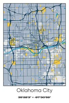 Oklahoma City, Oklahoma - vector map of city in Blue, Gray, Yellow, Olive colors Stockillustratie