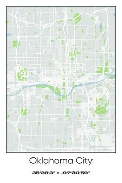 Oklahoma City, Oklahoma - vector map of city in Gray, white, green, blue colors Stock Illustration