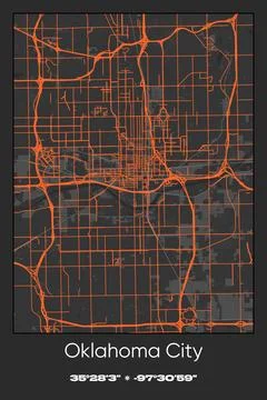 Oklahoma City, Oklahoma - vector map of city in Gray, Black, Orange colors Stock Illustration