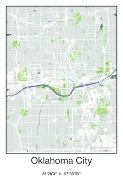 Oklahoma City, Oklahoma - vector map of city in Gray, Blue, Green, White colors Stock Illustration