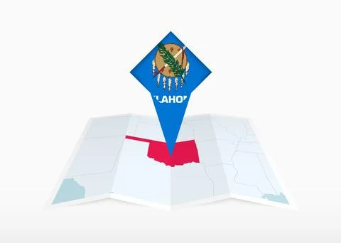 Oklahoma is depicted on a folded paper map and pinned location marker with .. Stock Illustration