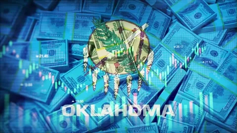Oklahoma Flag on Economic Background With Decrease Bar Chart Graph And Arrow Stock Footage 320971906