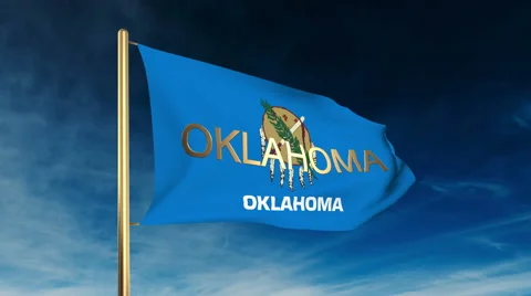 Oklahoma flag slider style with title. Waving in the wind with cloud background Stock Footage 48192884