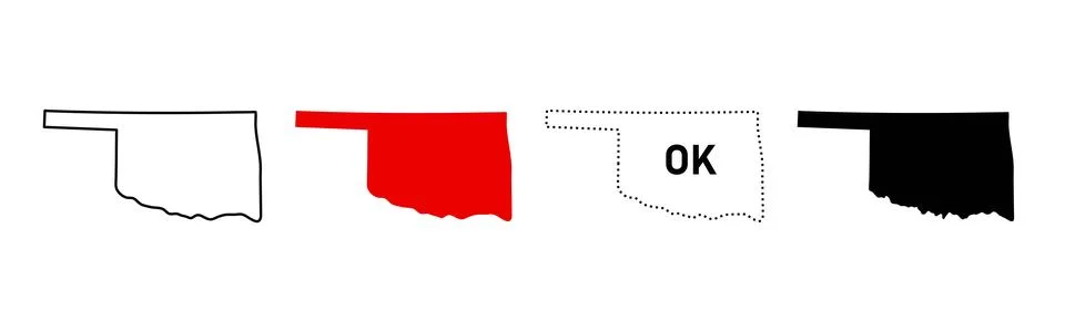 Oklahoma map icon set. Outline, red fill, OK dotted sign and black silhouet.. Stock Illustration