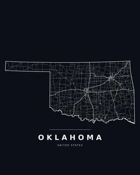Oklahoma OK Map Counties Highways Roads Dark Mode Editable Vector Stock Illustration