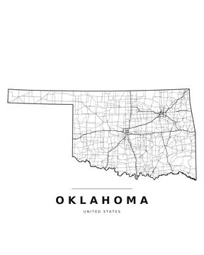 Oklahoma OK Map Counties Highways Roads Black White Editable Vector Stock Illustration