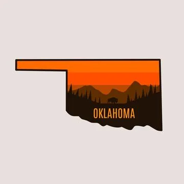 Oklahoma outline map with bison in sunset mountain Stock Illustration