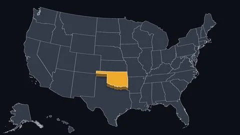 Oklahoma Raised in 3D on US Election Map Teal and Amber Highlight, Black Stock Illustration