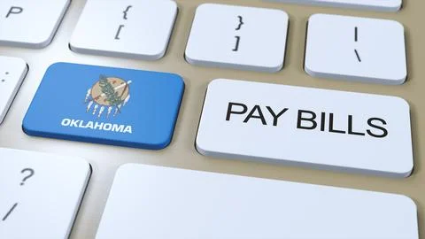 Oklahoma State Flag and Pay Bills Text on Button 3D Illustration Stock Illustration