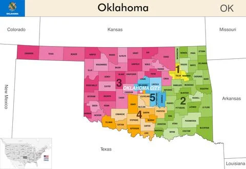 Oklahoma state map with counties borders and congressional districts Stock Illustration