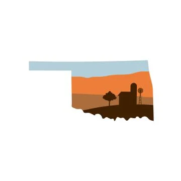 Oklahoma State Shape with Farm at Sunset that has Windmill, Barn, and a Tree Stock Illustration
