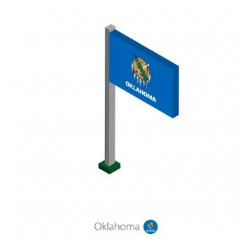 Oklahoma US state flag on flagpole in isometric dimension. Stock Illustration