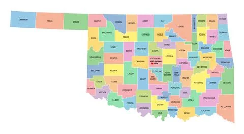 Oklahoma, U.S. state, subdivided into 77 counties, multi colored map Stock Illustration