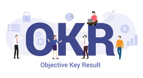 Okr objective key result concept with big word or text and team people with m Stock Illustration