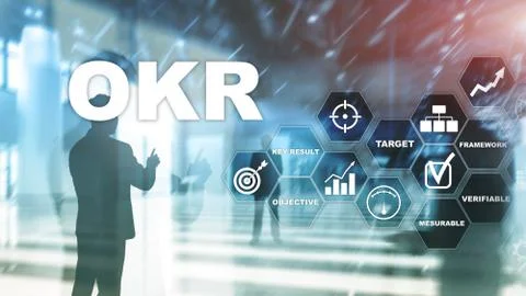 OKR - objective key result concept. Mixed media on a virtual structured screen Foto stock
