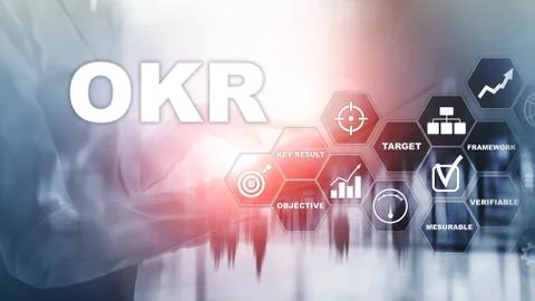OKR - objective key result concept. Mixed media on a virtual structured screen Stock Photos
