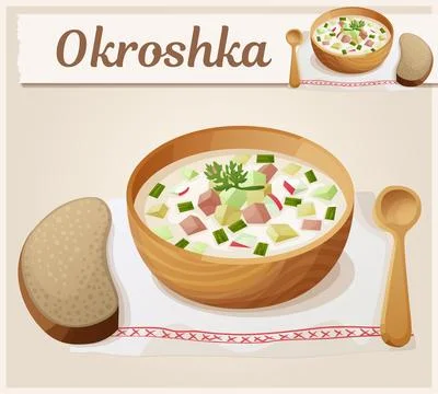 Okroshka vector icon. Russian cold soup with cucumber, meat, potato cartoon Illustrazione stock