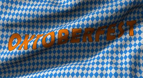 Oktoberfest. 3D rendering Flag made of blue checkered fabric with the words O Illustrazione stock