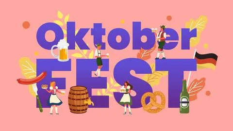 Oktoberfest concept with tiny characters in german costumes Stock Illustration