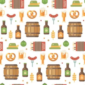 Oktoberfest flat icons pattern. Beer festival pattern on white background. Ba Stock Illustration