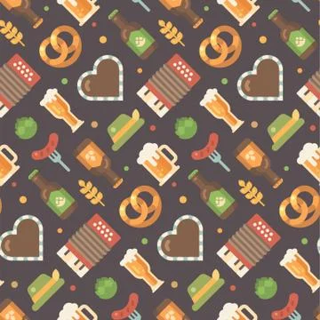Oktoberfest flat icons pattern. Beer festival pattern on dark background. Gin Illustrazione stock