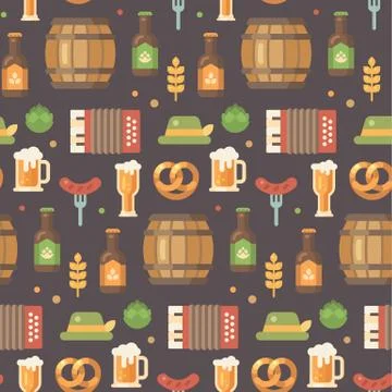 Oktoberfest flat icons pattern. Beer festival pattern on dark background. Bar Illustrazione stock