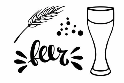 Oktoberfest set. Linear empty beer glass, beer lettering, spike, bubbles Stock Illustration