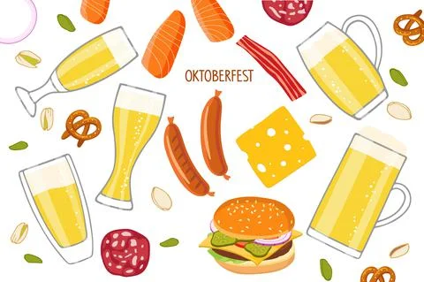 Oktoberfest set. Vector different beer mugs and snacks, Bavarian sausages Stock Illustration