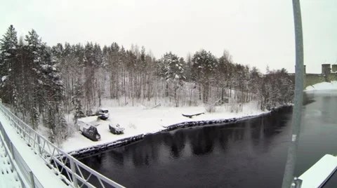 Olavinlinna medieval castle seen from a moving train Stock Footage 61382276
