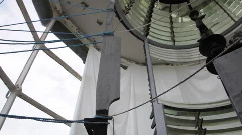Old 19th century lighthouse, lantern room interior, mechanism, lenses Stock Footage 49680026
