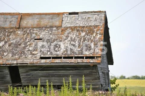 Old abandoned barn on the Canadian Prairie. Pembina Valley, Manitoba, Canada. Stock Photos