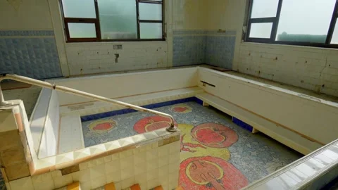 Old abandoned bath with radon water in sanatorium in city of Tskhaltubo Stock Footage 250884529