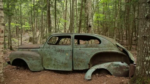 Old Abandoned Car in Woods Stock Footage 73064059