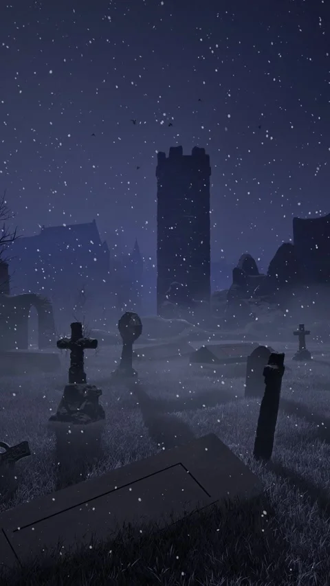 An old abandoned cemetery with empty graves next to ancient ruins. Halloween. 3D Stock Footage 317986401