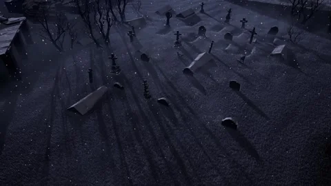 An old abandoned cemetery with empty graves next to ancient ruins. Halloween. 3D Stock Footage 317986403