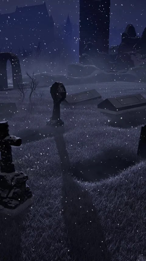 An old abandoned cemetery with empty graves next to ancient ruins. Halloween. 3D Stock Footage 317986404