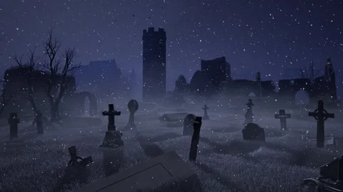 An old abandoned cemetery with empty graves next to ancient ruins. Halloween. 3D Stock Footage 317986405