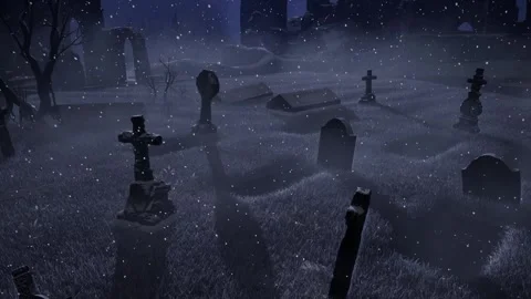 An old abandoned cemetery with empty graves next to ancient ruins. Halloween. 3D Stock Footage 317986409