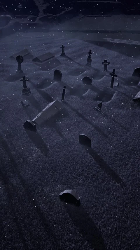 An old abandoned cemetery with empty graves next to ancient ruins. Halloween. 3D Stock Footage 317986547