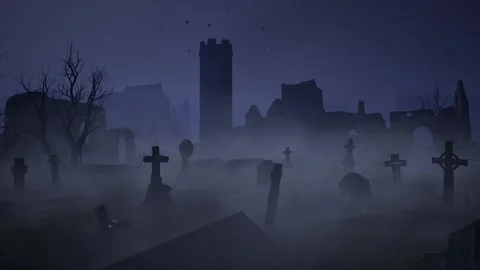 An old abandoned cemetery with empty graves next to ancient ruins. Halloween. 3D Stock Footage 317988926