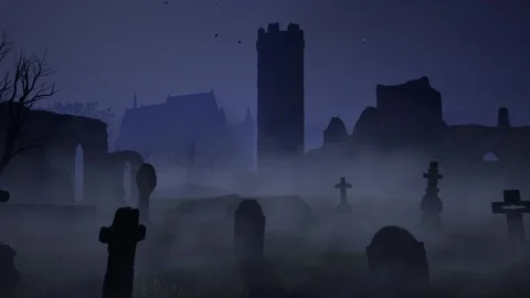 An old abandoned cemetery with empty graves next to ancient ruins. Halloween. 3D Stock Footage 317988930