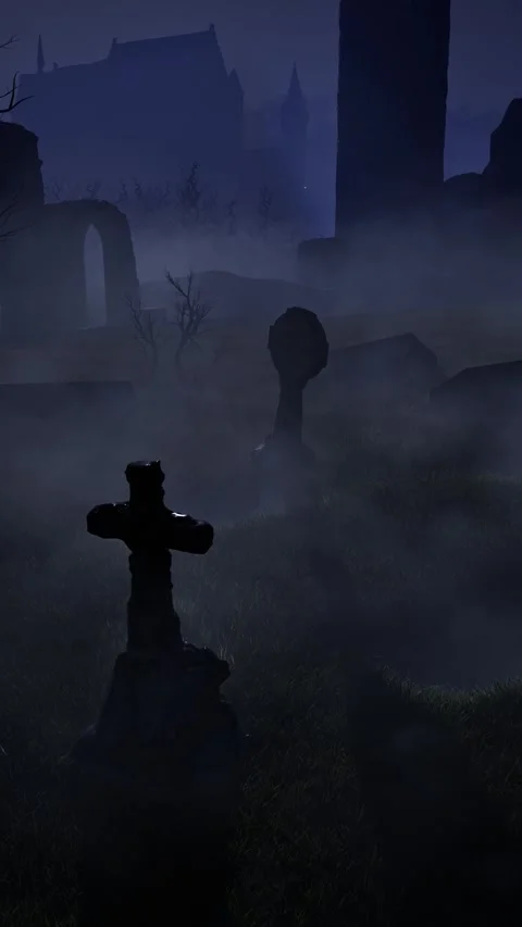 An old abandoned cemetery with empty graves next to ancient ruins. Halloween. 3D Stock Footage 317989029