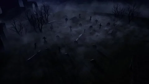 An old abandoned cemetery with empty graves next to ancient ruins. Halloween. 3D Stock Footage 317989032