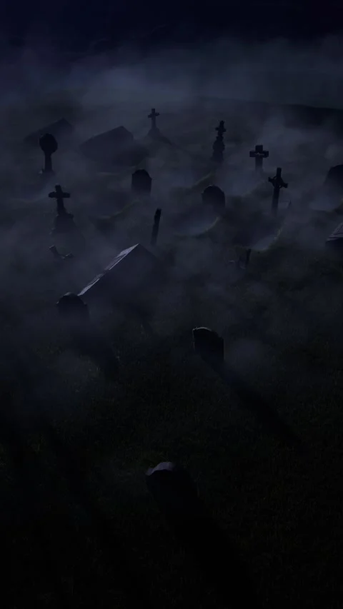 An old abandoned cemetery with empty graves next to ancient ruins. Halloween. 3D Stock Footage 317989034