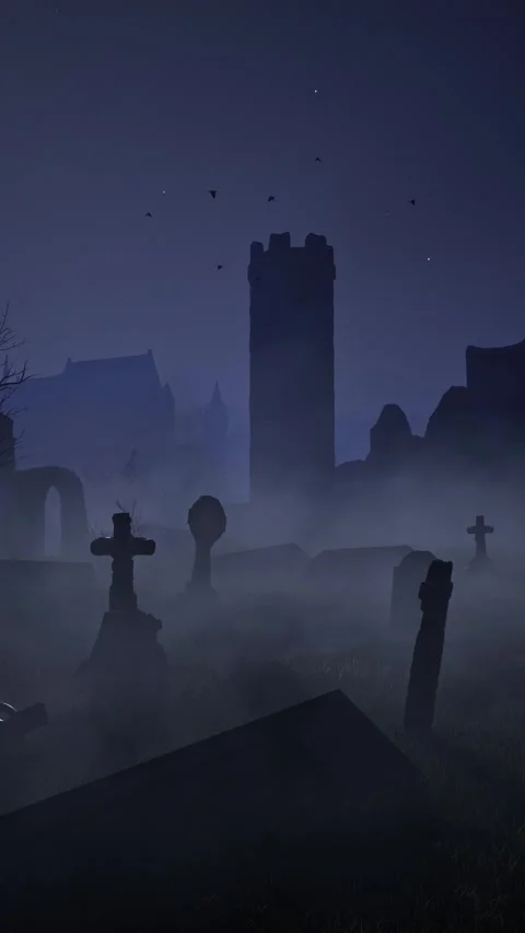 An old abandoned cemetery with empty graves next to ancient ruins. Halloween. 3D Stock Footage 317989099